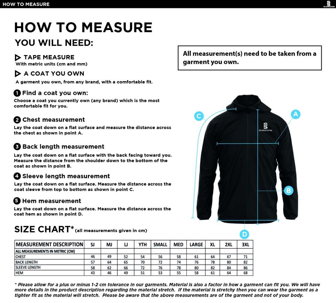 Great Notley FC - Dual Elite 1/4 Zip Hoody / Rain Jacket (Sponsored) - Size Guide