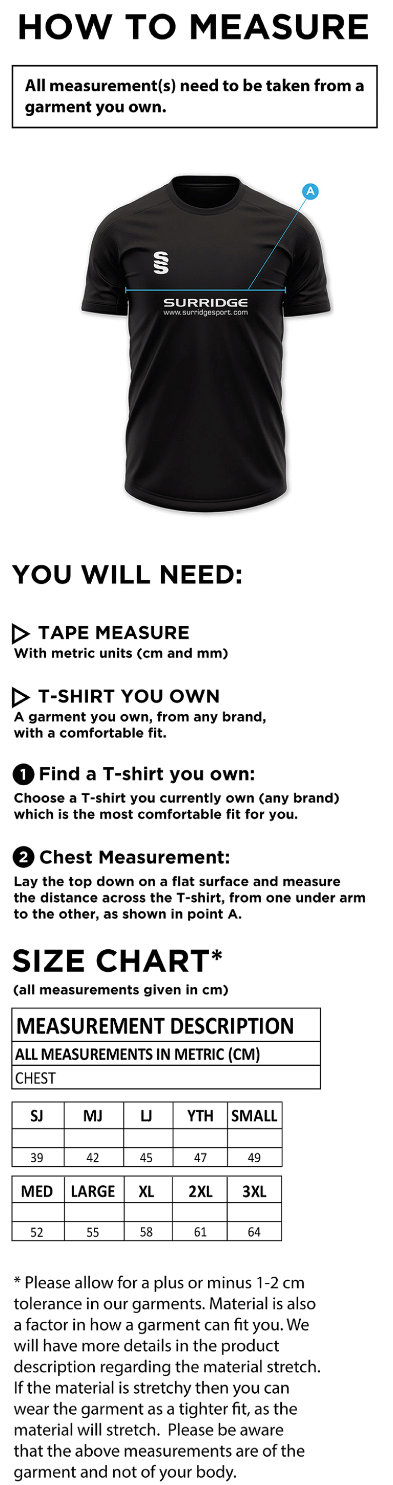 Great Notley FC - Impact T-Shirt - Size Guide