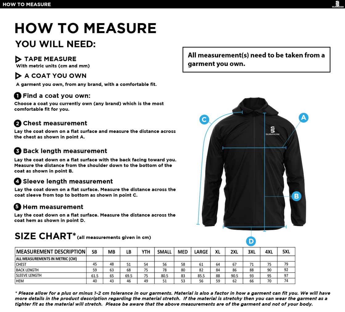 Great Notley FC - Dual Full Zip Training Jacket (Sponsored) - Size Guide