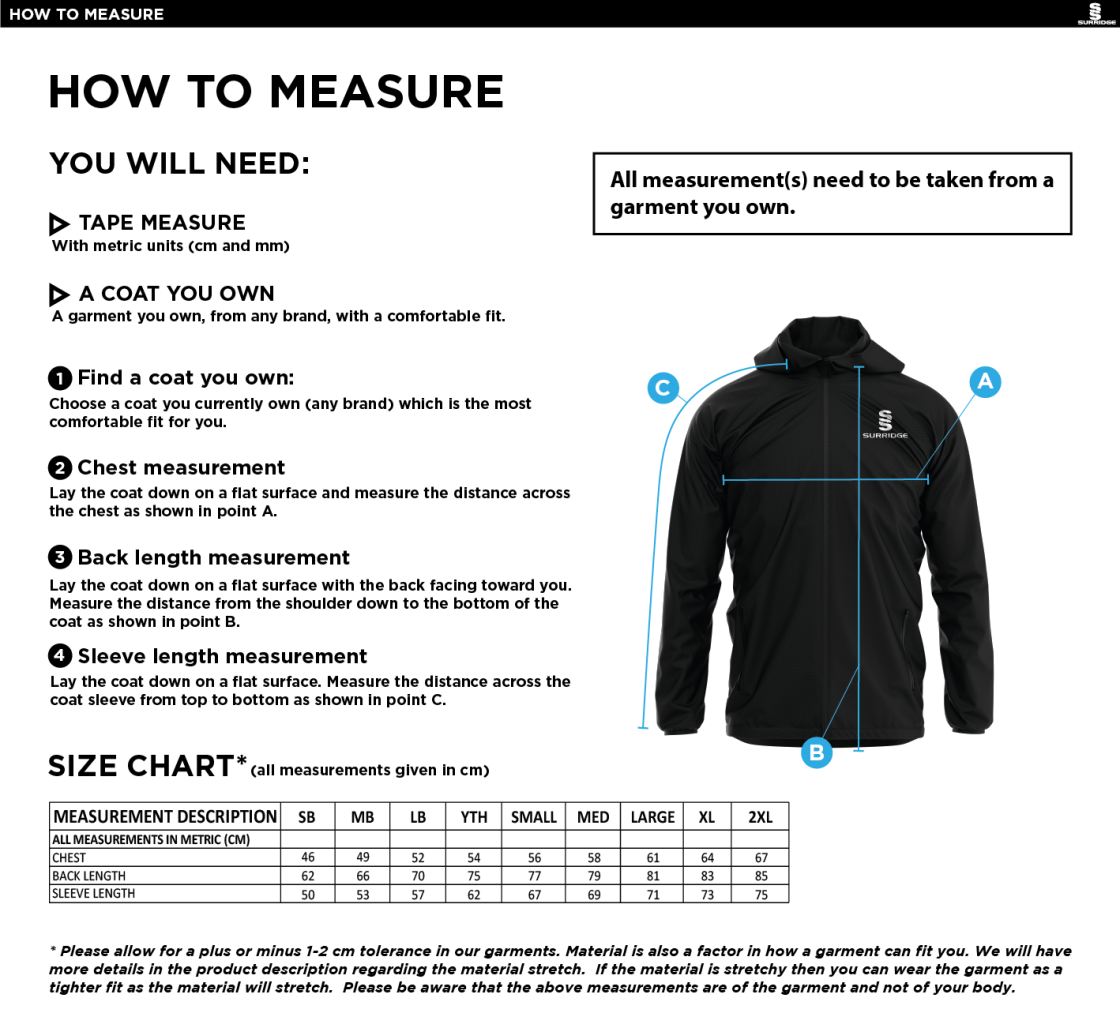 Great Notley FC - Dual Elite 1/4 Zip Hoody / Rain Jacket - Size Guide