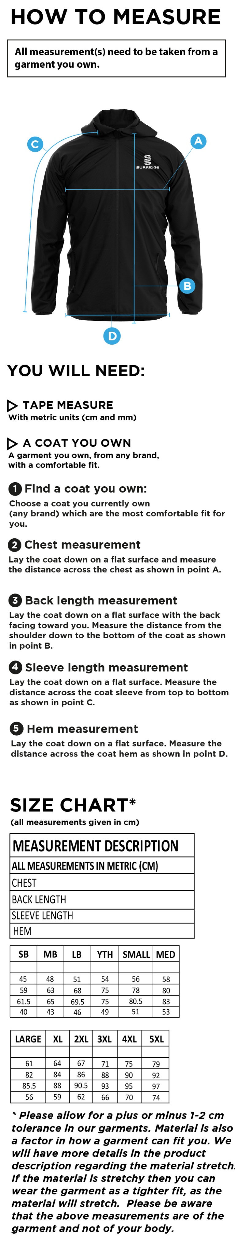 Great Notley FC - Dual Full Zip Training Jacket (Sponsored) - Size Guide