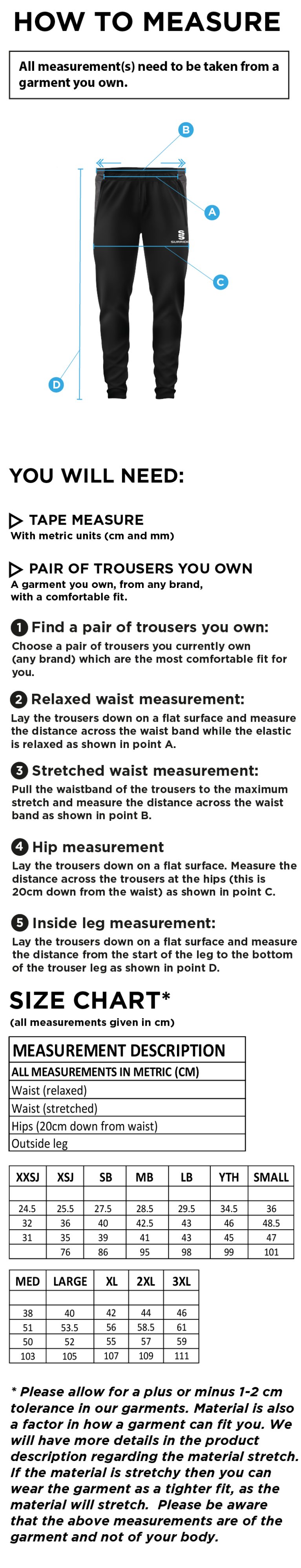 Tek Slim Training Pants : Black Sponsored - Size Guide