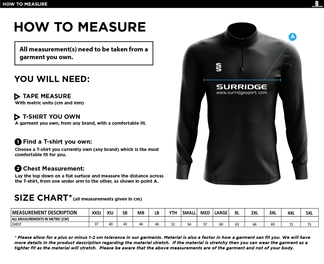 Great Notley FC - 1/4 Zip Dual Performance Top (Sponsored) - Size Guide