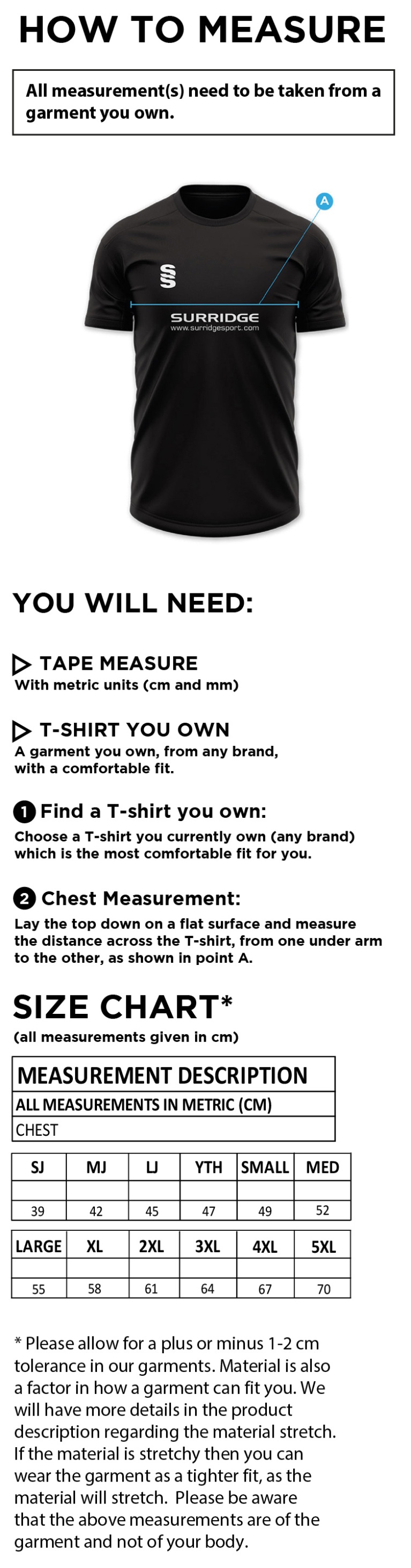 Great Notley FC - Impact T-Shirt (Sponsored - Bundle Variant) - Size Guide