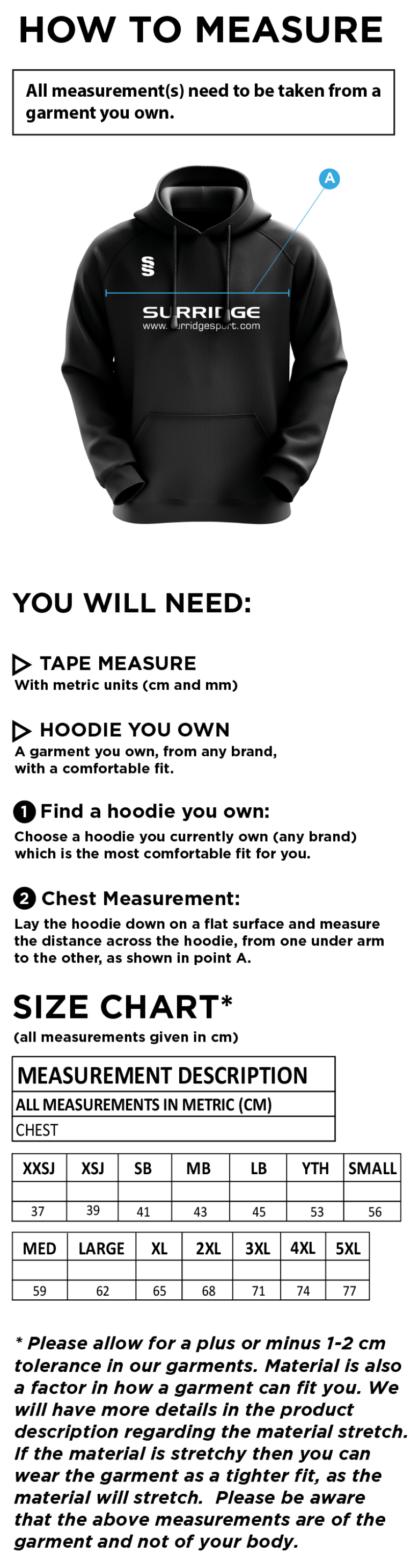 Great Notley FC - Fuse Hoody - Size Guide