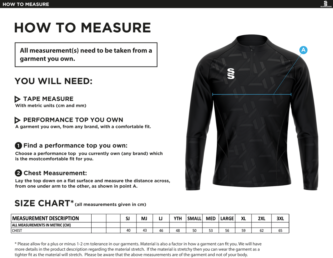 Great Notley FC - Impact 1/4 Zip Performance Top - Size Guide