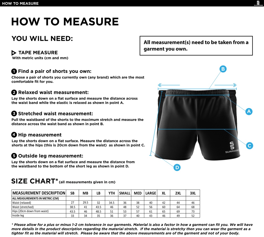 Great Notley FC - Performance Gym Short - Size Guide