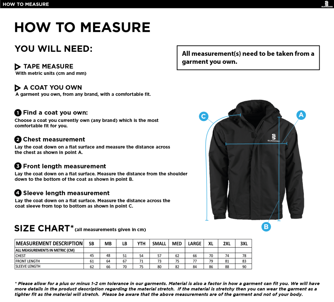 Great Notley FC - Dual Fleece Lined Jacket (Sponsored) - Size Guide