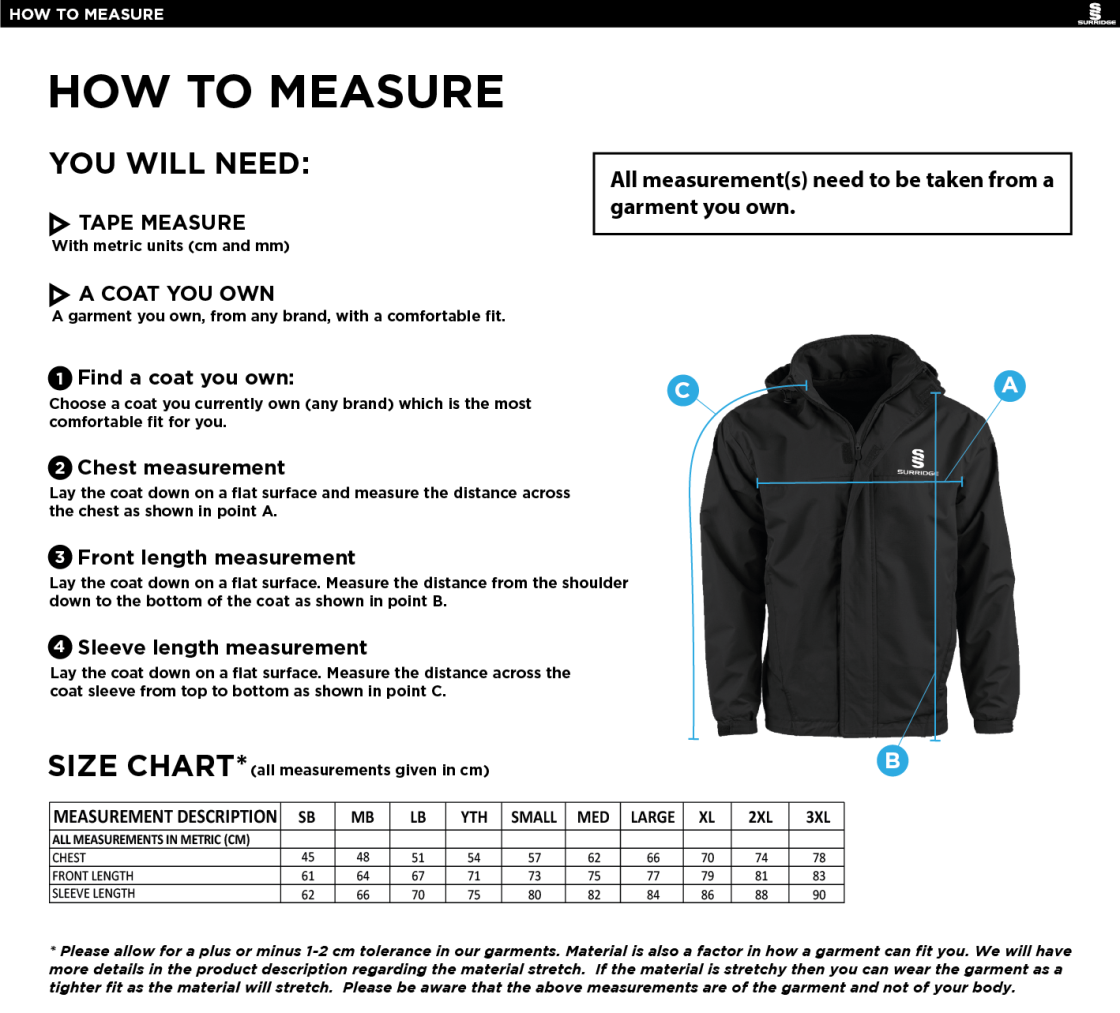 Great Notley FC - Dual Fleece Lined Jacket - Size Guide