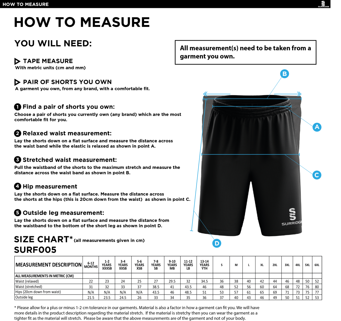 Great Notley FC - Match Short Black - Size Guide