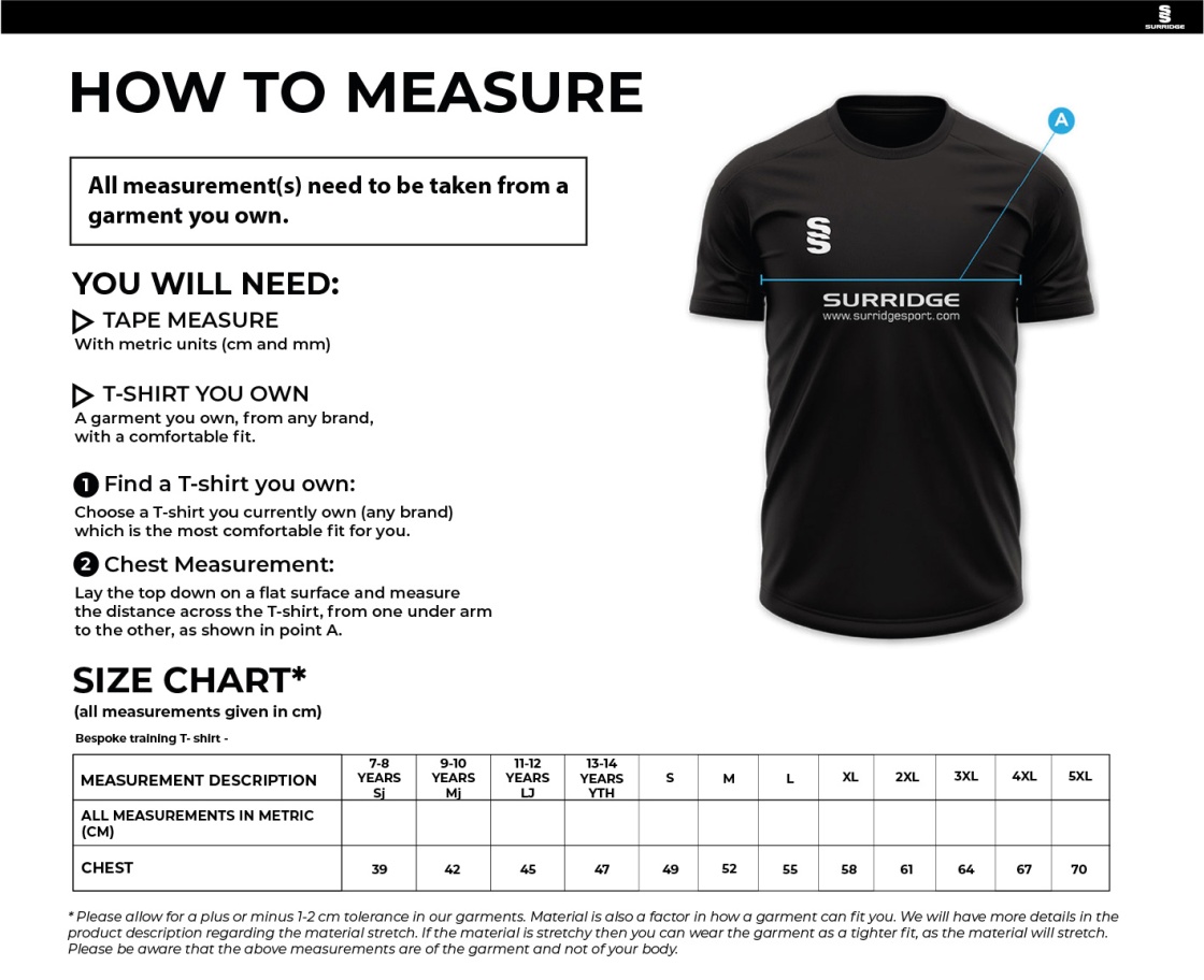 Great Notley FC - Impact T-Shirt - Size Guide