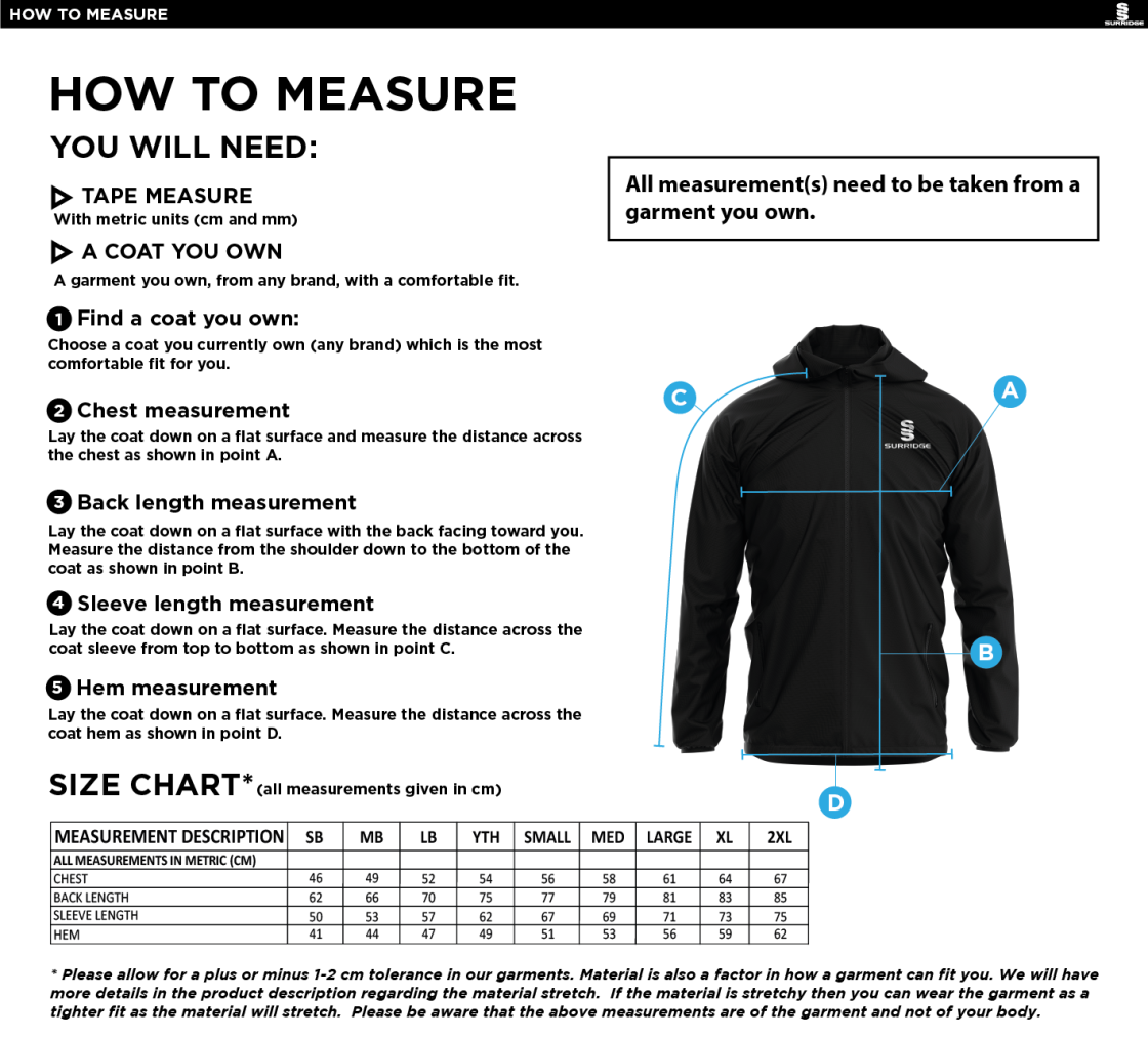 Great Notley FC - Dual Full Zip Training Jacket - Size Guide